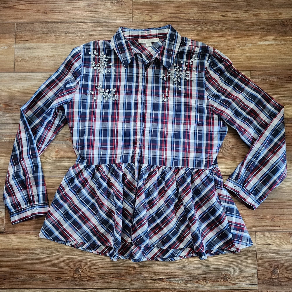 Boston Proper Shirt Womens 18 Red Blue Plaid Peplum Embellished Button Down